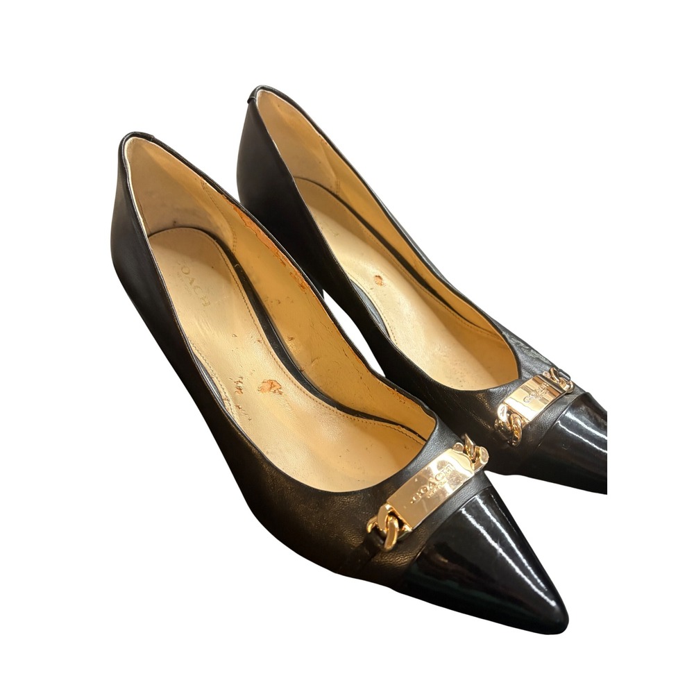 Coach Black Leather Patent Cap Toe Logo Chain Pumps Heels Size 10B